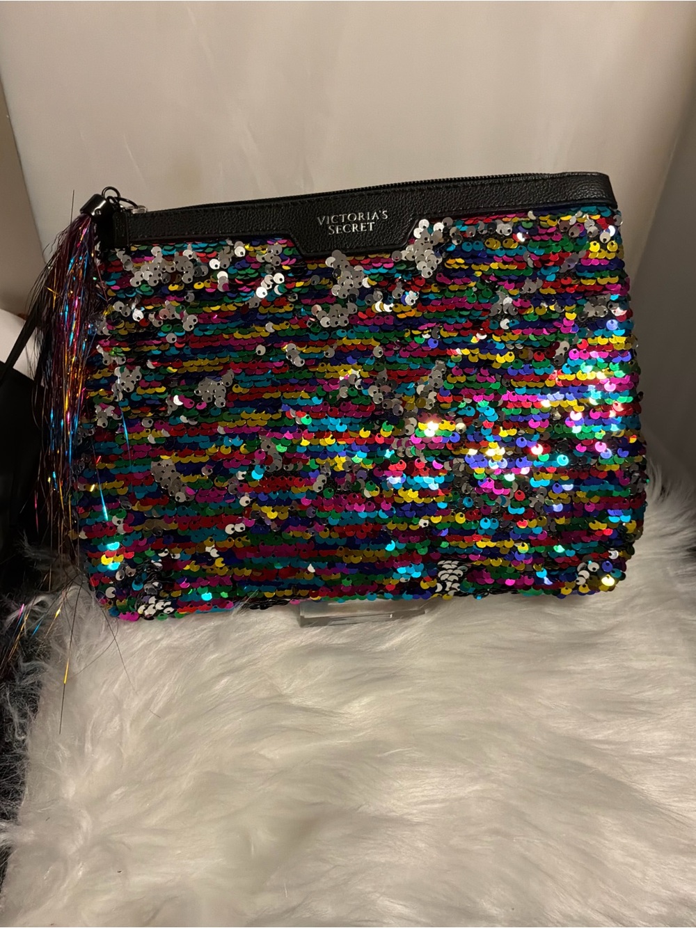 Victoria's Secret Multicolor Sequin Cosmetic Pouch with Black Trim